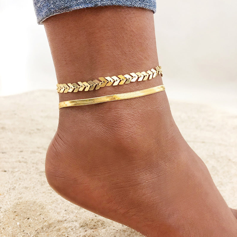 2pc Chevron & Herringbone Gold Anklet Set
