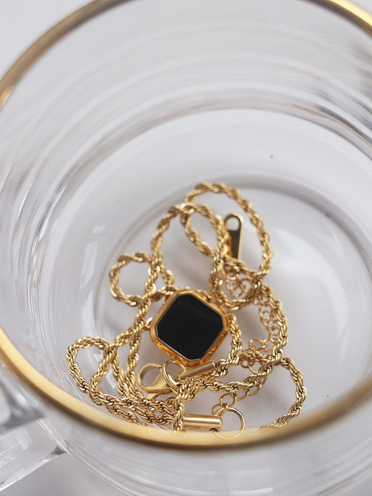 Gold Rope Chain Necklace with Black Square Pendant