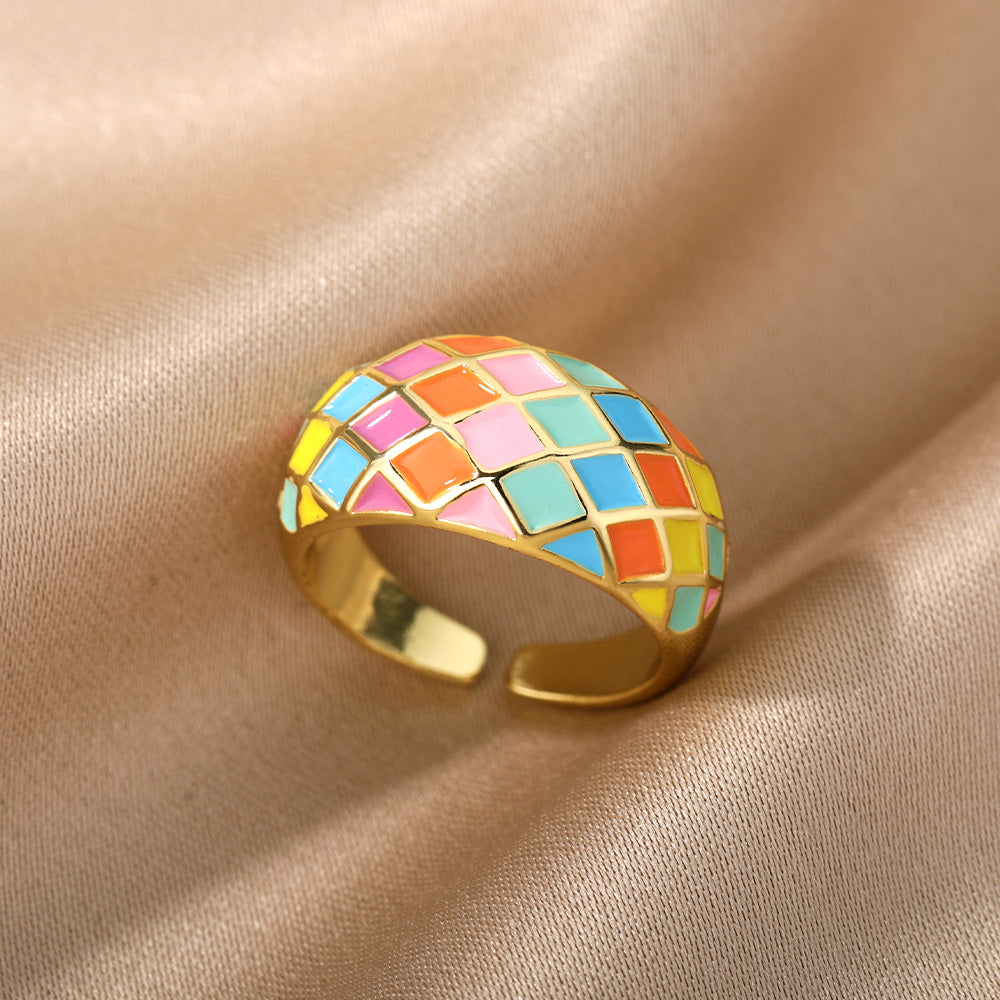 Colorful Enamel Mosaic Ring for Women