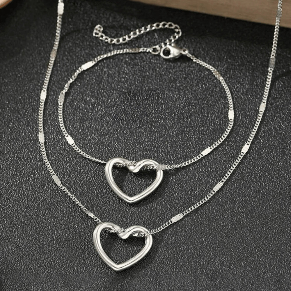 Heart Charm Necklace & Bracelet Set