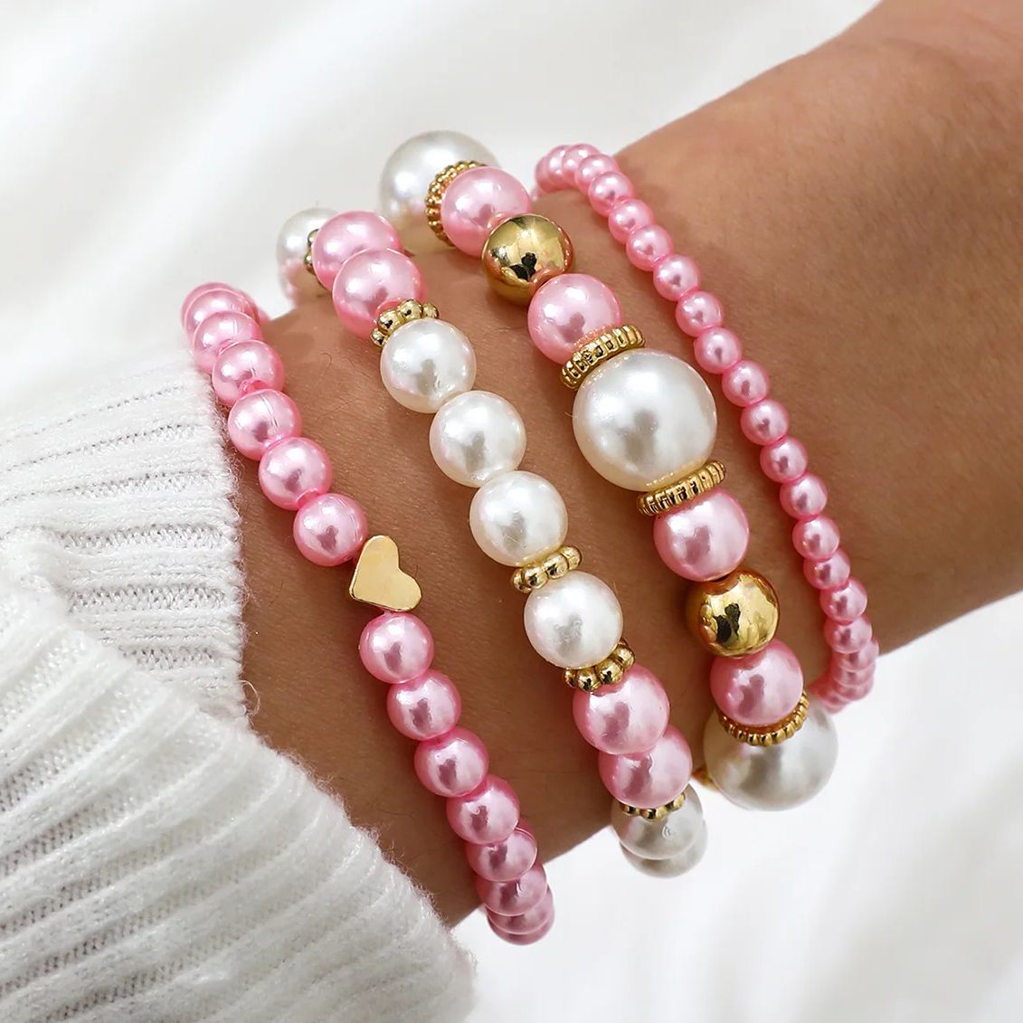 3-Color Boho Pearl & Heart Beaded Bracelet Set