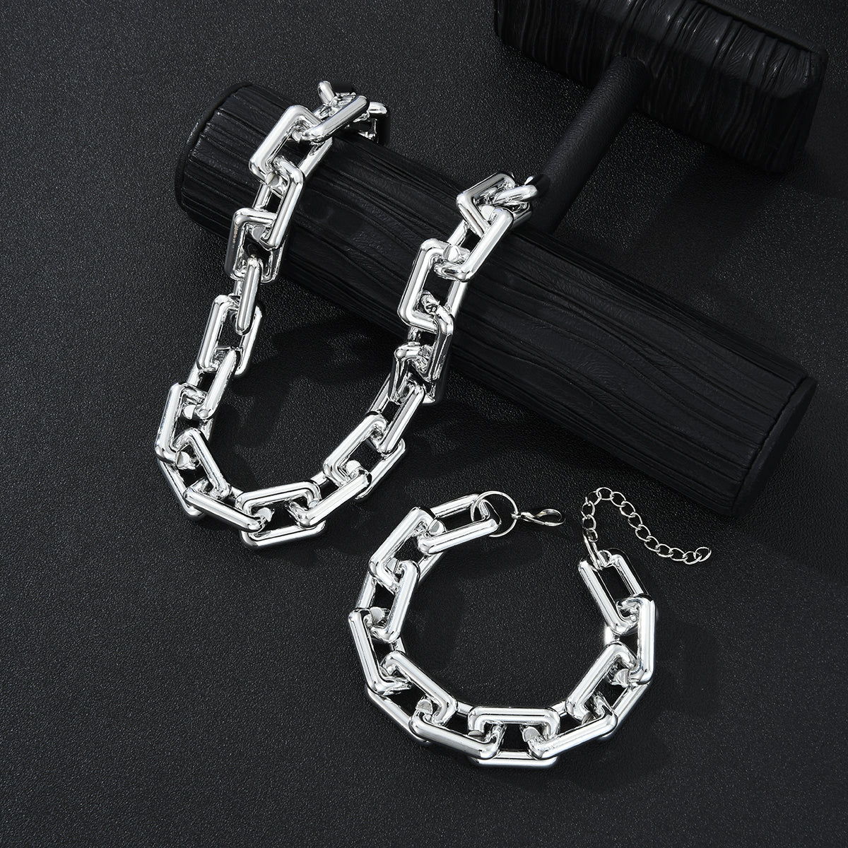 2pc Chunky Silver Chain Necklace & Bracelet Set
