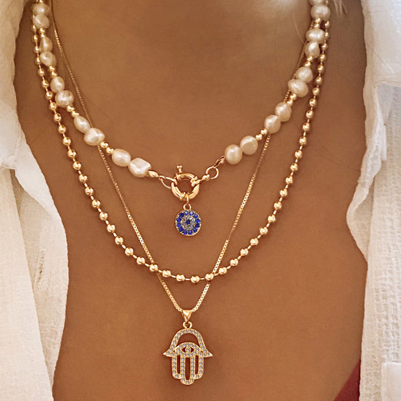 3pc Layered Hamsa & Pearl Necklace Set