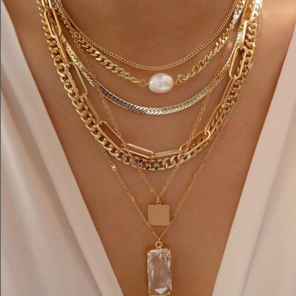 Chunky Gold Chain Pearl Necklace Stack