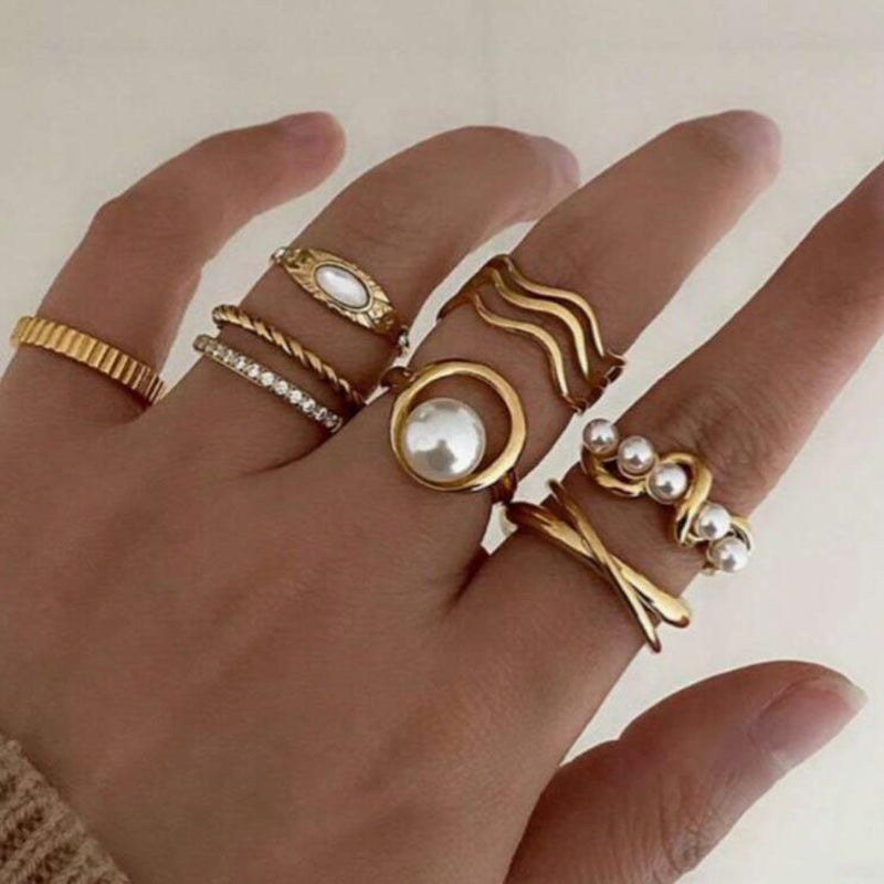 8pc Gold Pearl & Wave Ring Set