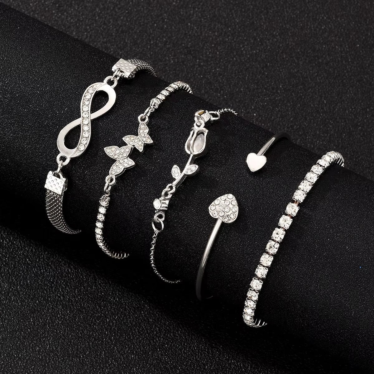 6pc Crystal Heart & Infinity Bracelet Stack