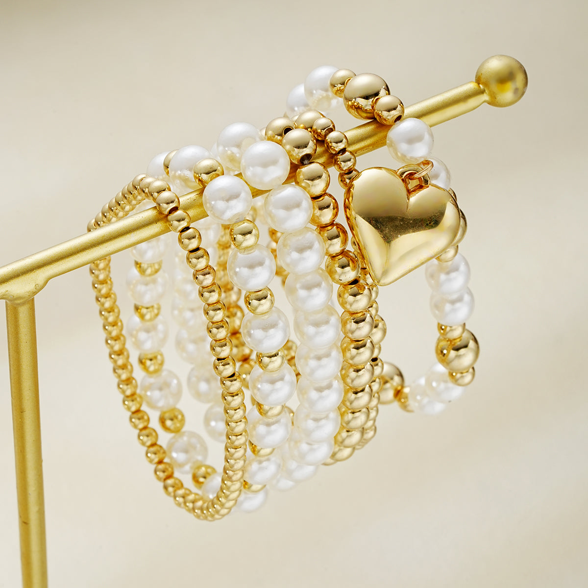 6pc Pearl & Gold Beaded Heart Bracelet Set