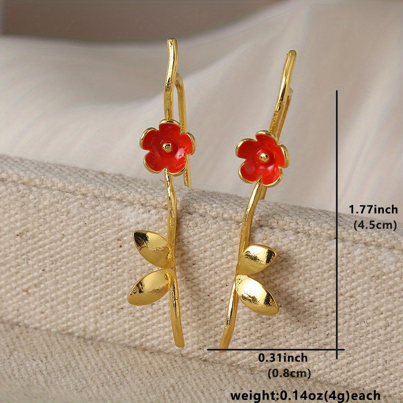 Red Floral Gold Statement Earrings