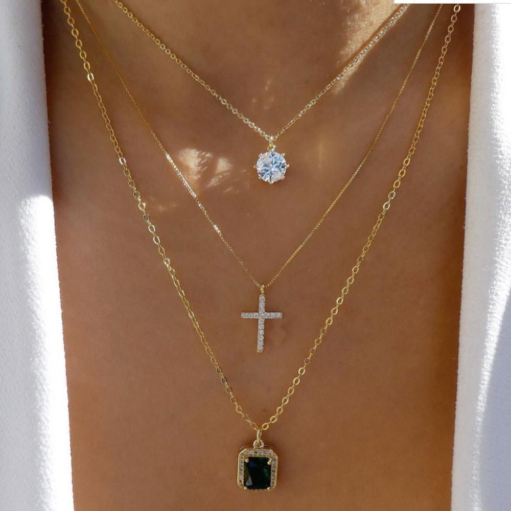 3pc Crystal & Cross Pendant Necklace Set