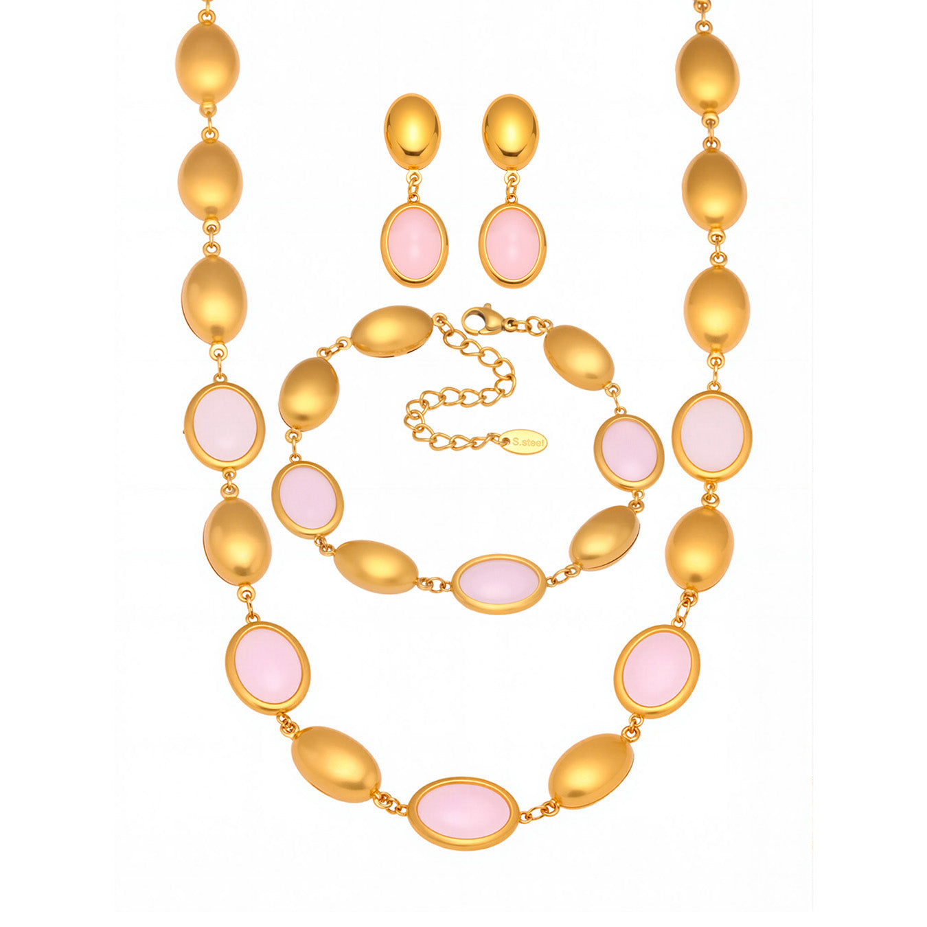 3pc Pink Oval Stone Jewelry Set