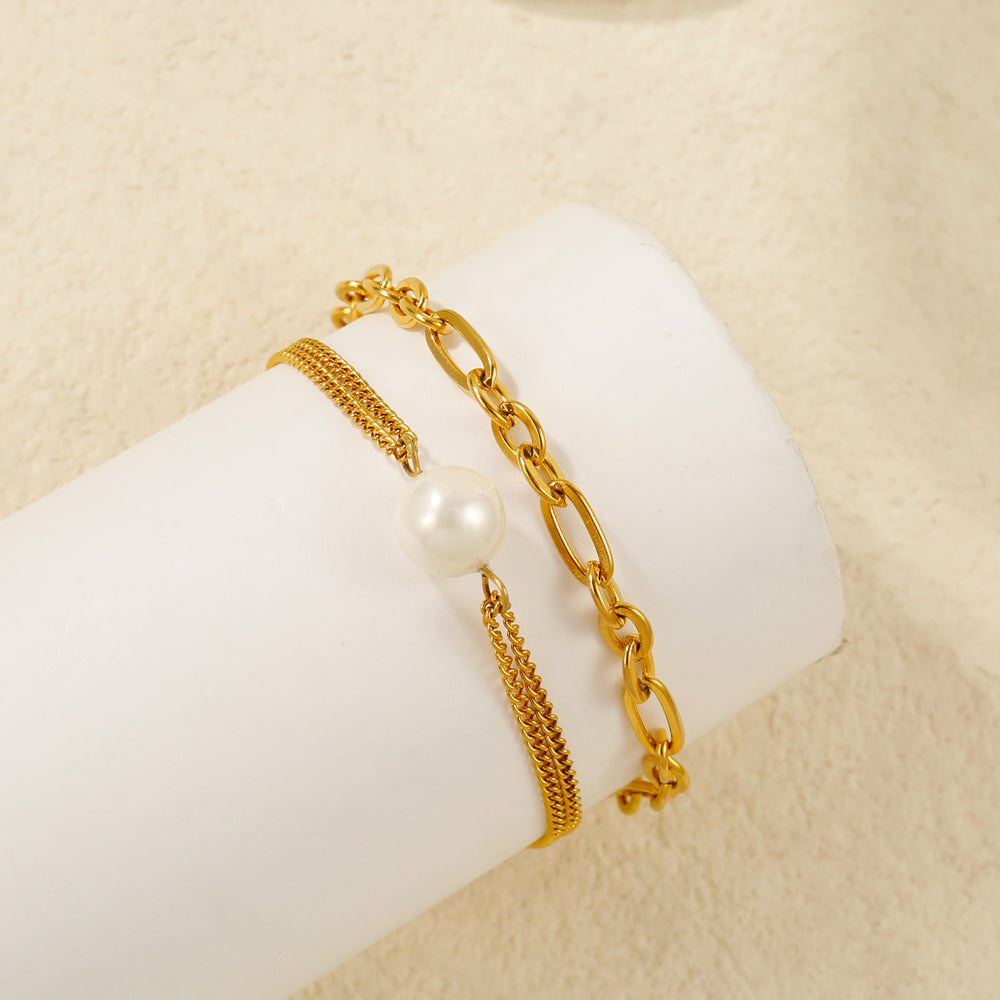 2pc Pearl Charm Chain Bracelet Set