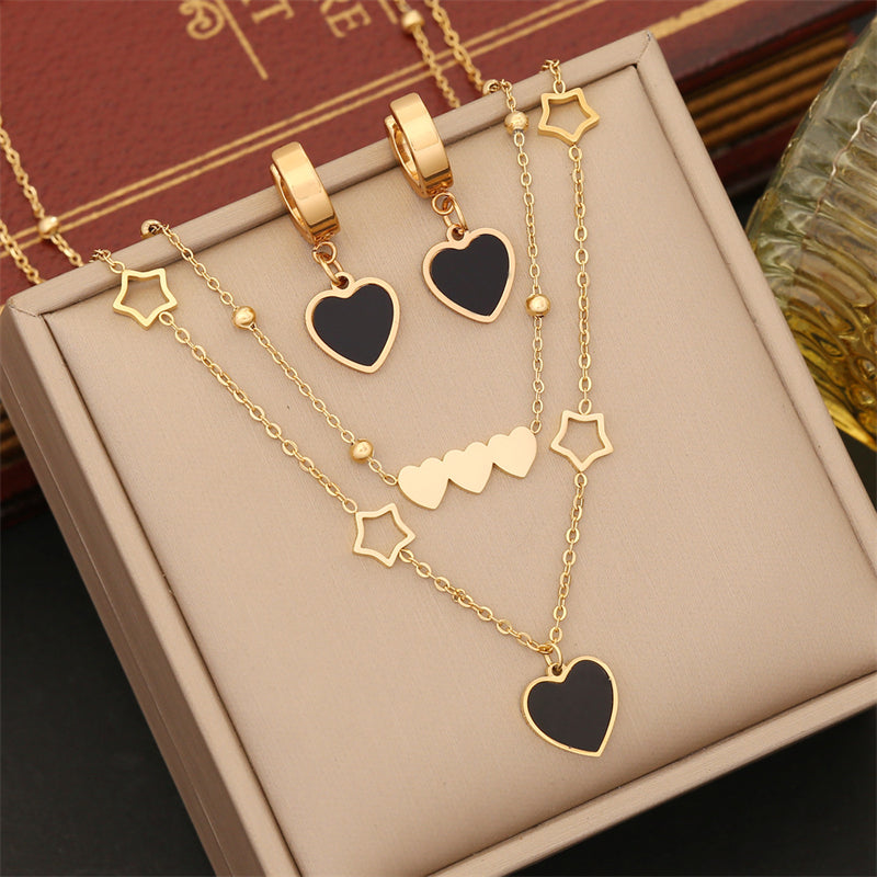 3pc Gold Black Heart Jewelry Set