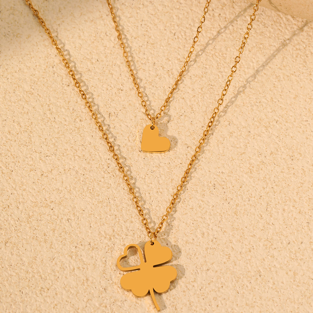 2pc Gold Clover & Heart Pendant Necklace Set