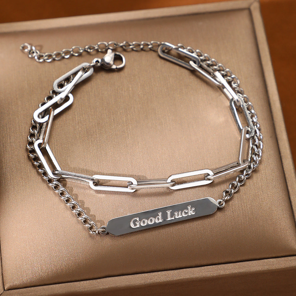 Good Luck Tag & Paperclip Chain Bracelet Set