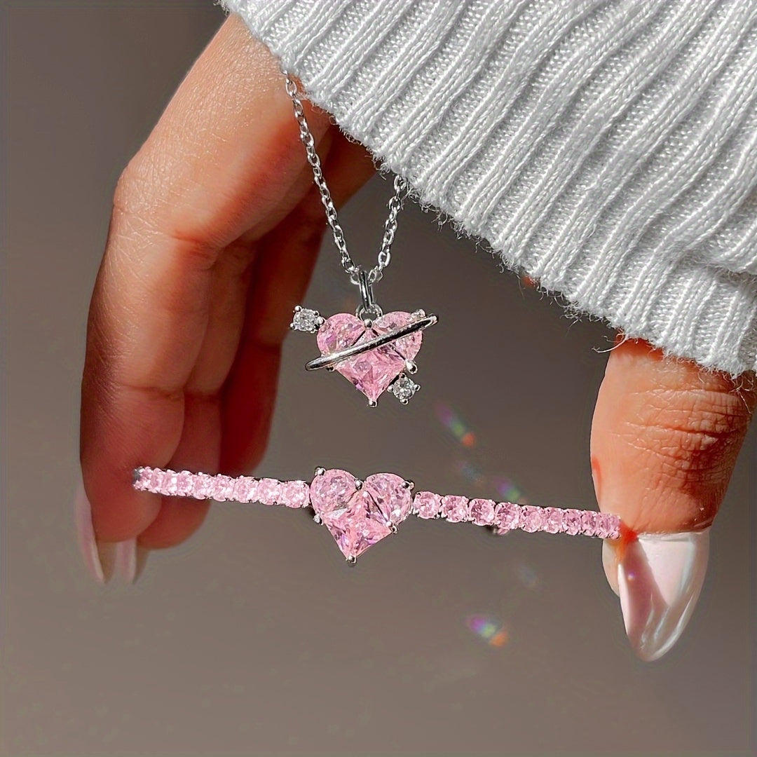 Pink Heart Crystal Necklace & Bracelet Set