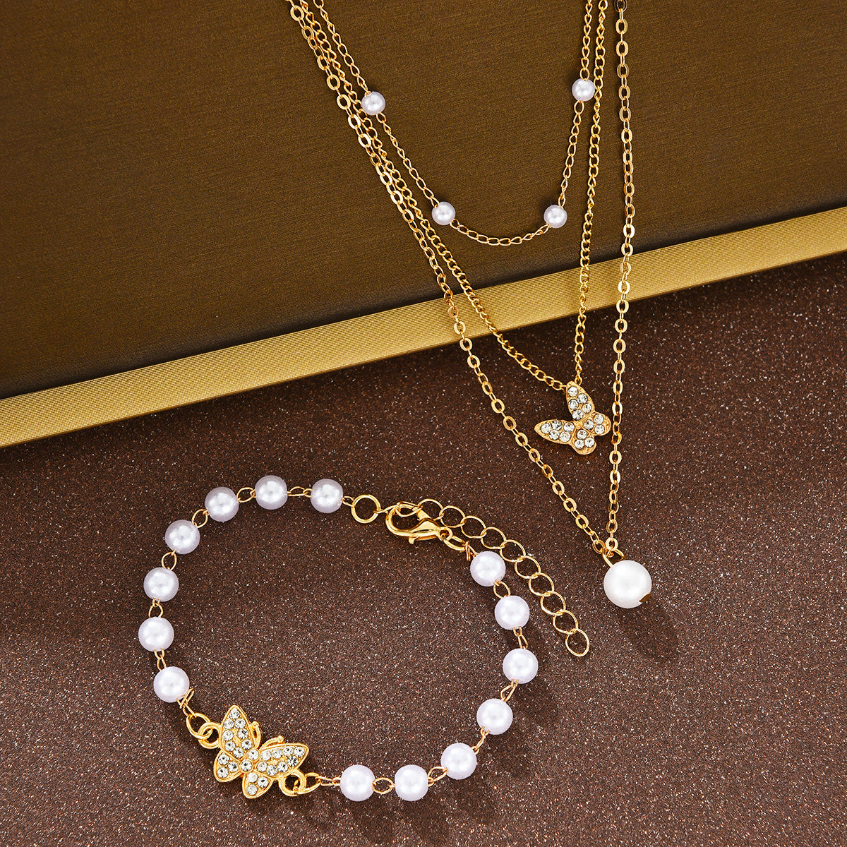 2pc Pearl Butterfly Bracelet & Necklace Set