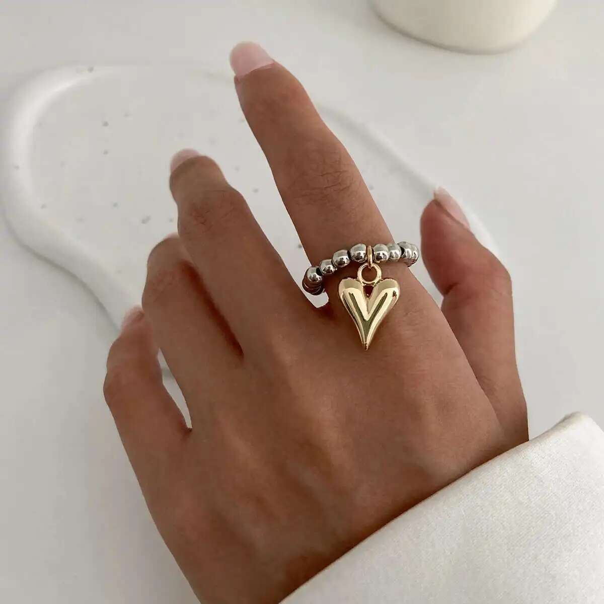 Beaded Heart Pendant Elastic Ring