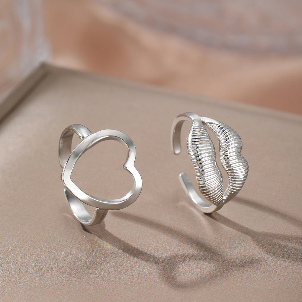 2pc Gold Heart & Lips Ring Set