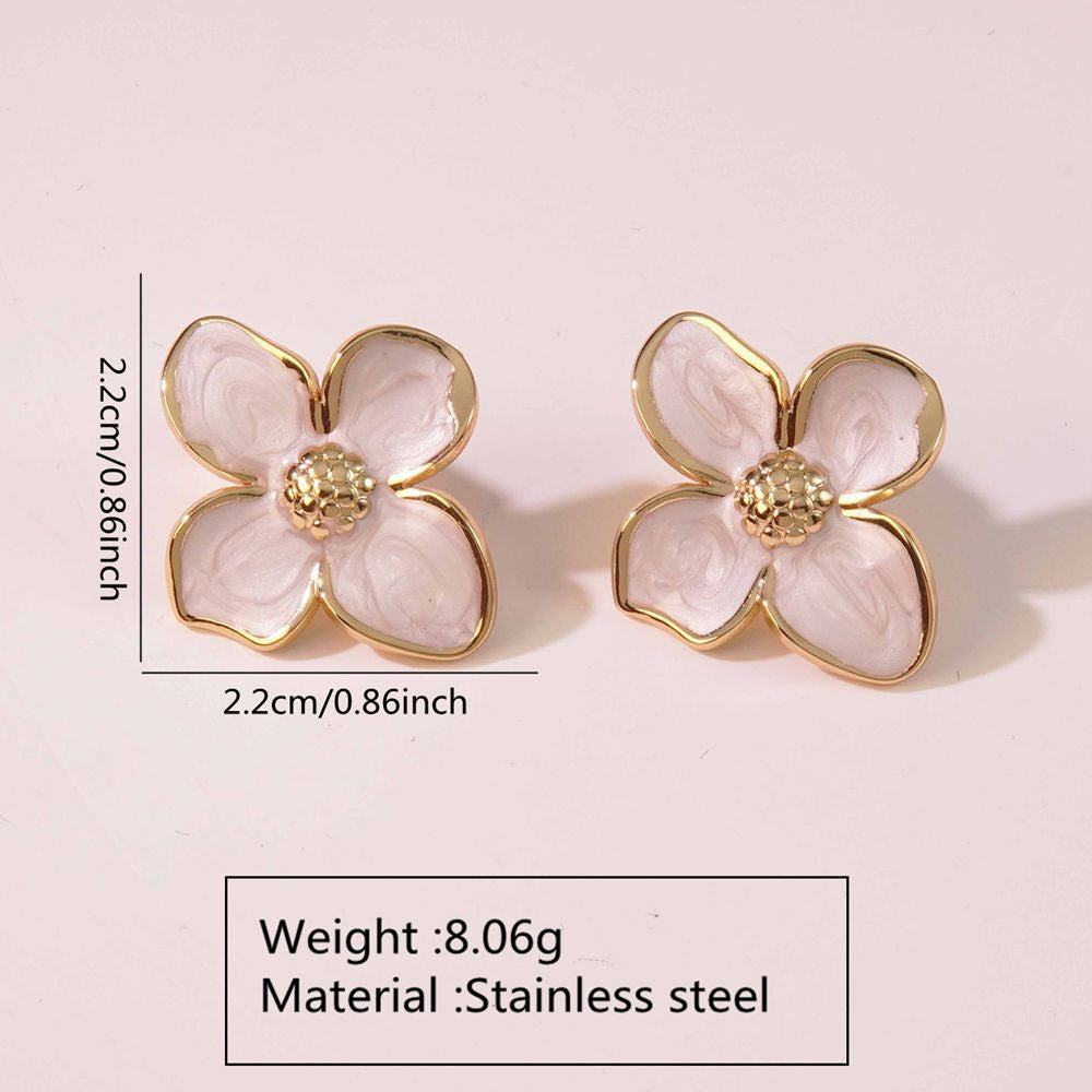 Pink Enamel Flower Stud Earrings
