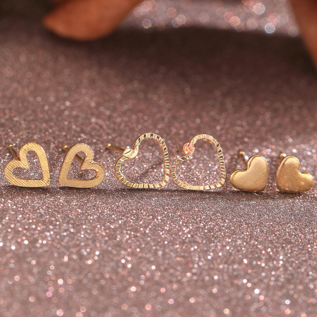 6pc Gold Heart Stud Earring Set