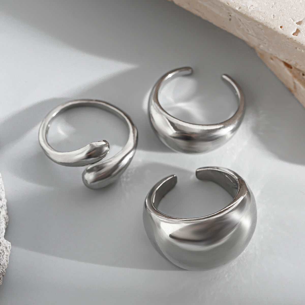 3pc Silver Geometric Punk Ring Set