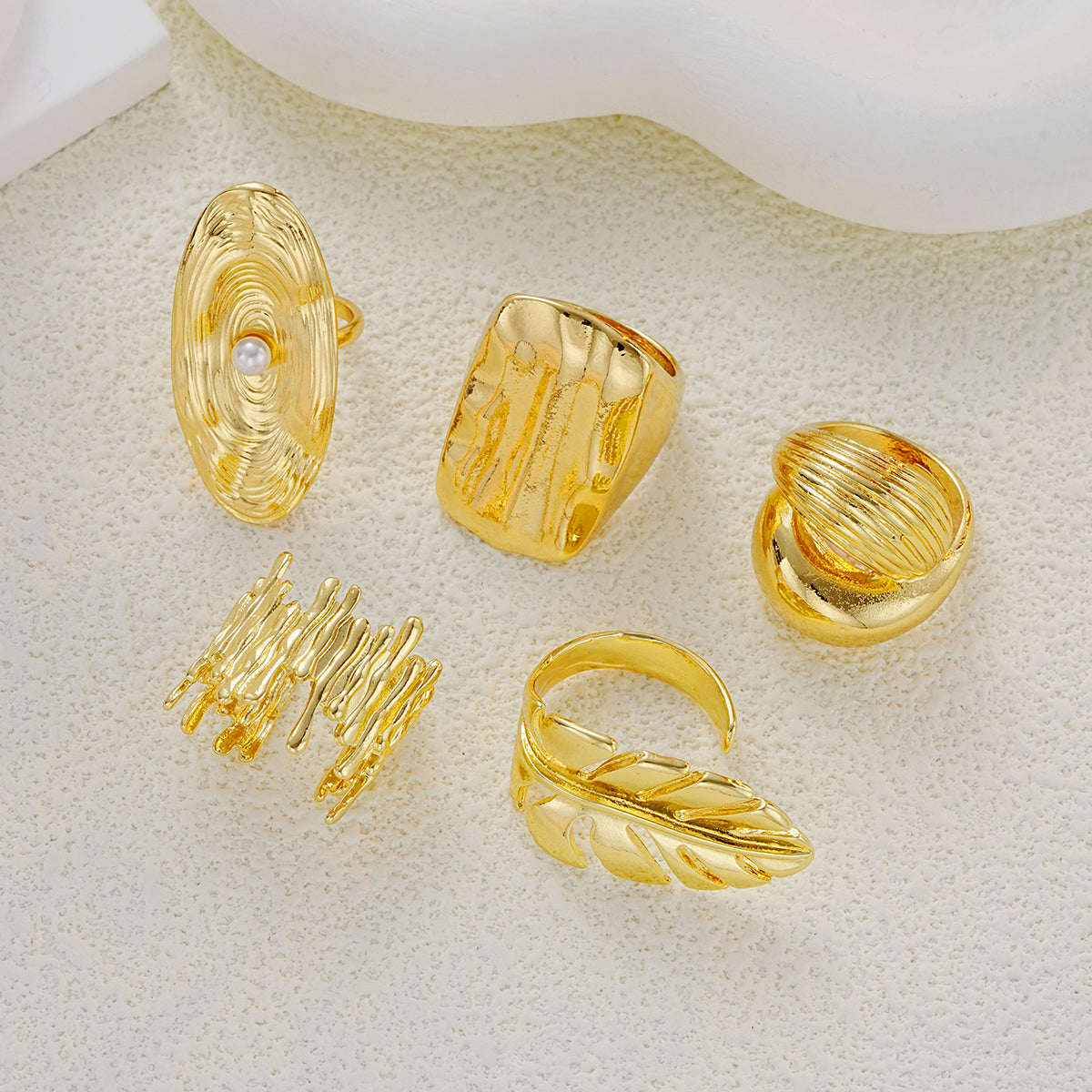 5pc Statement Textured Gold Ring Set