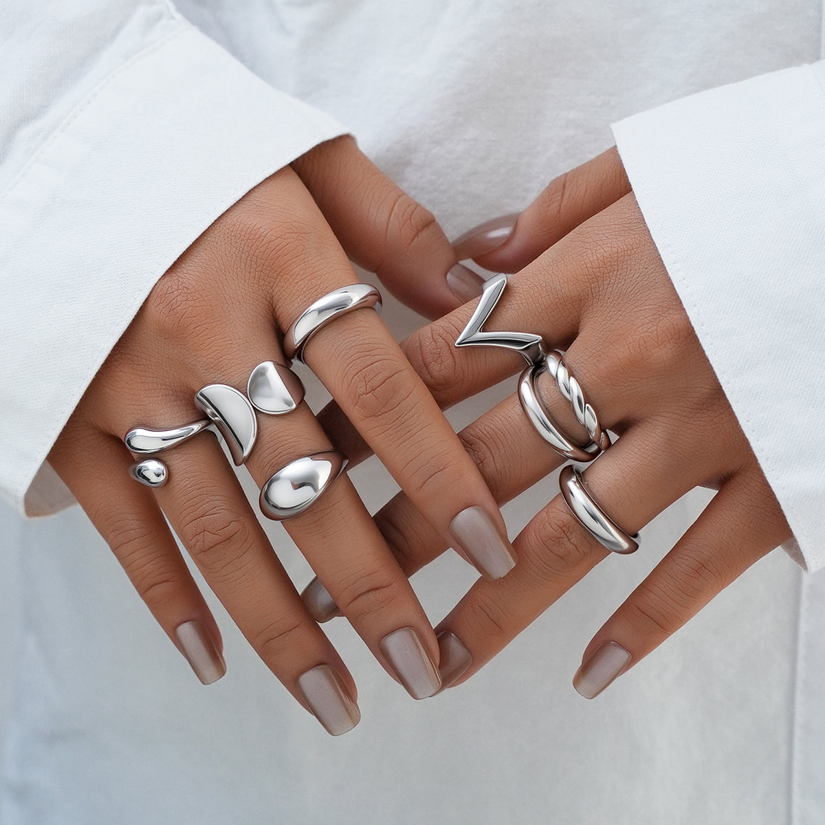 7pc Bold Silver Statement Ring Set