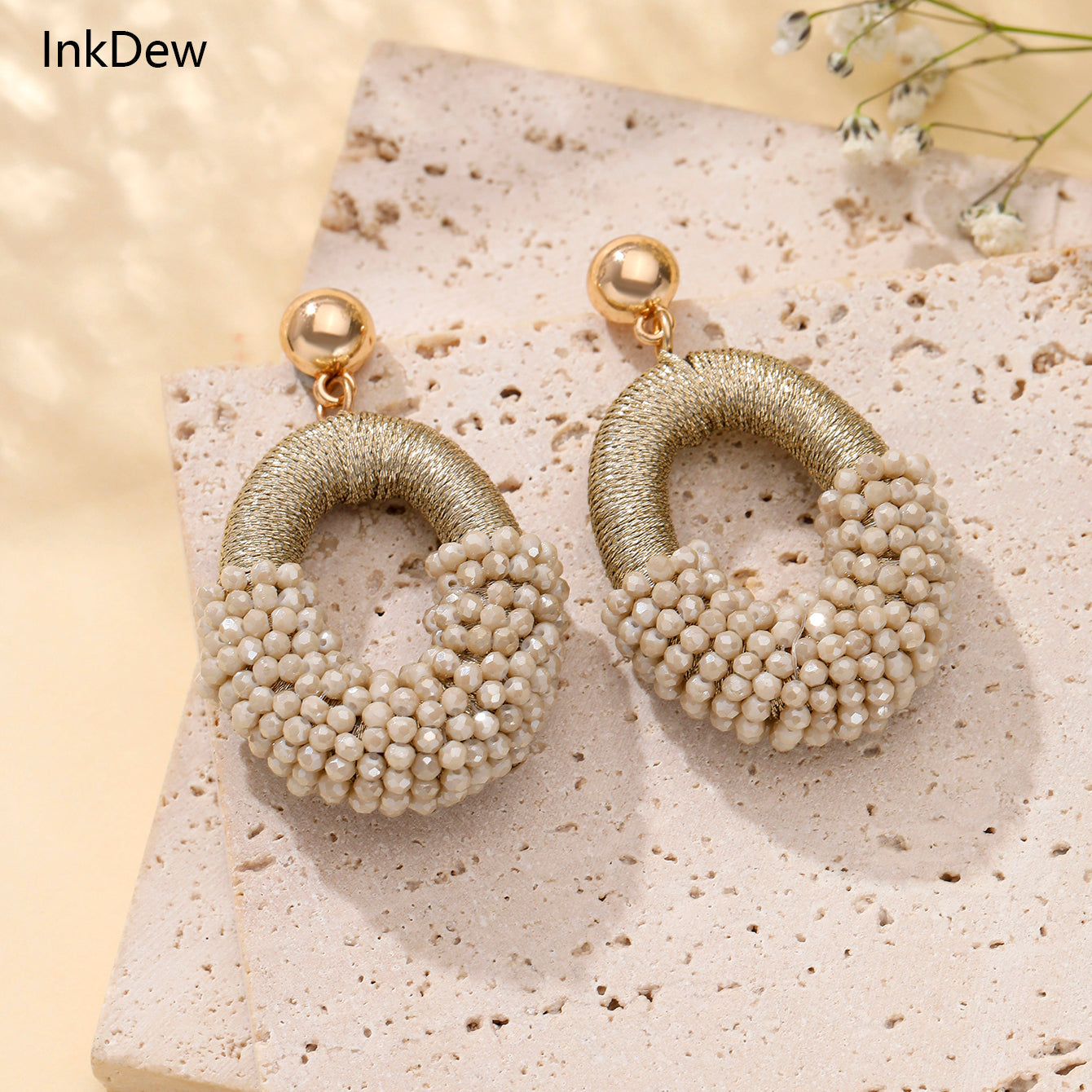 Beaded Gold Cluster Stud Earrings