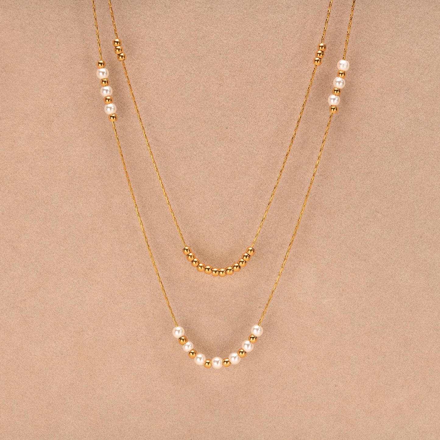 2pc Dainty Pearl and Gold Bead Necklace Set