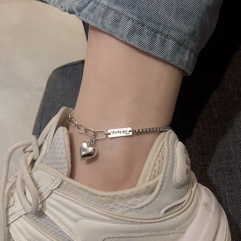 Silver "Lucky Girl" Heart Charm Anklet