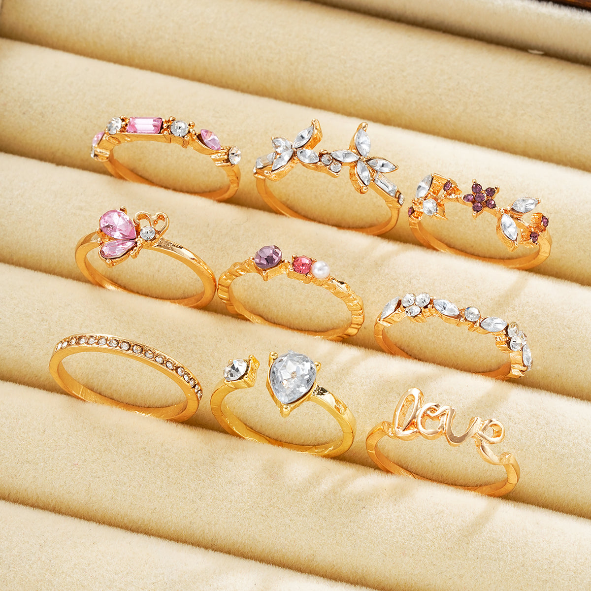 9pc Colorful Crystal Butterfly Ring Set