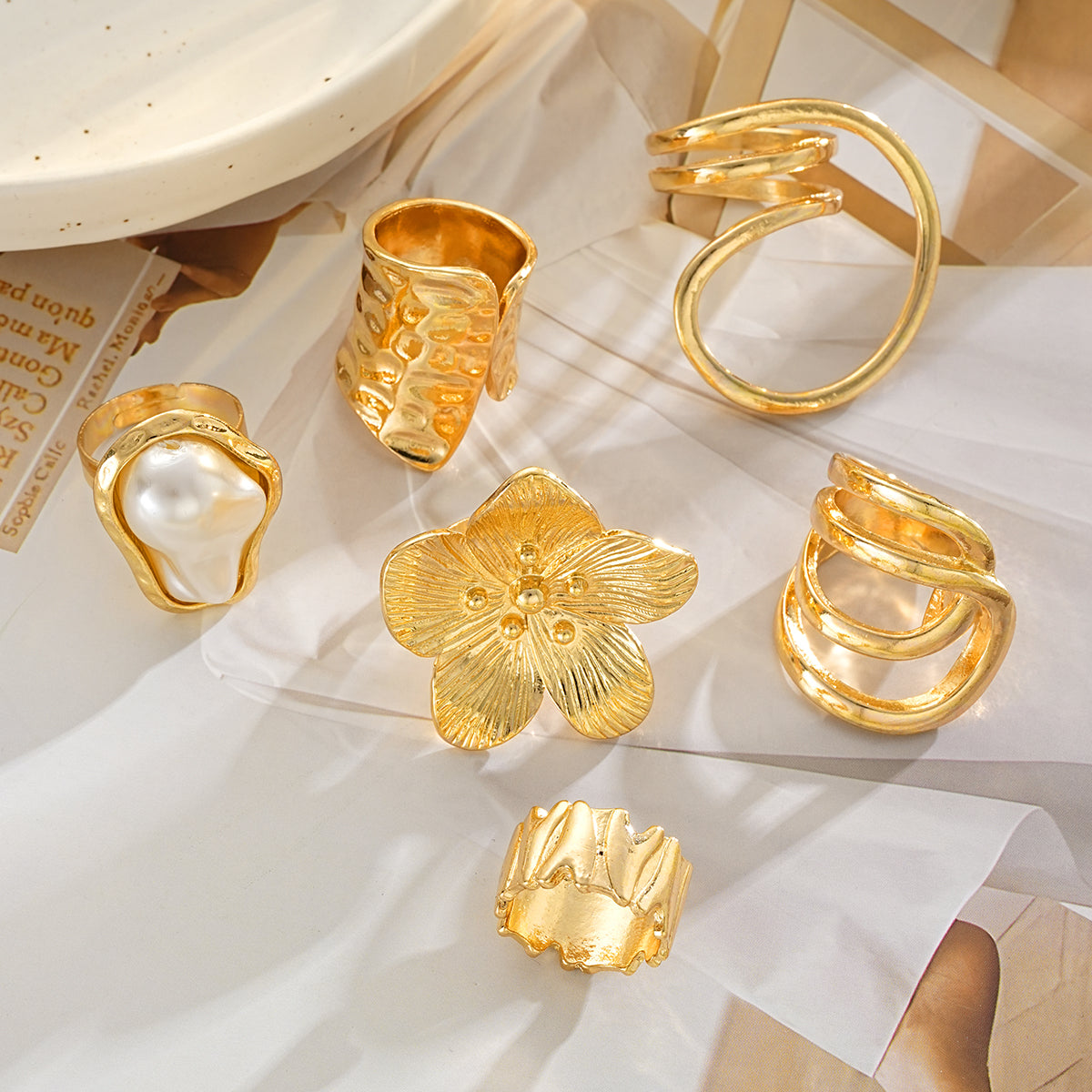 6pc Imitation Pearl & Flower Ring Set