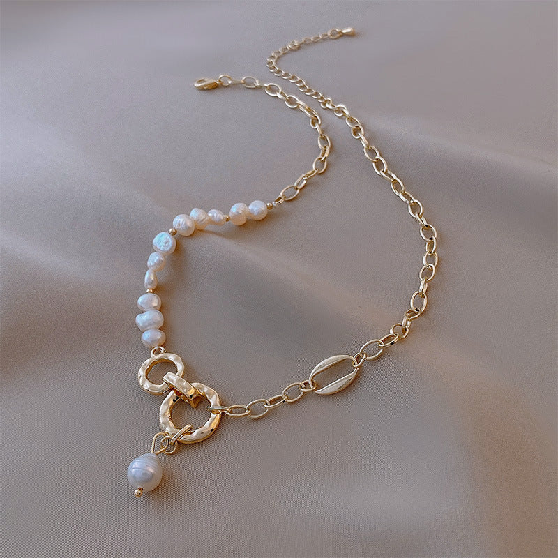 Asymmetric Pearl & Chain Drop Necklace