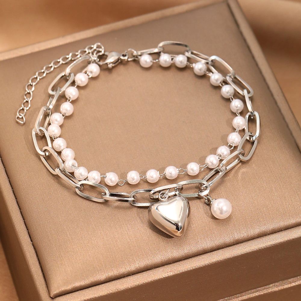 2pc Gold Heart & Pearl Charm Bracelet Set