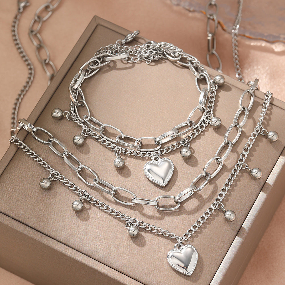 Stainless Steel Heart Bead Necklace & Bracelet Set