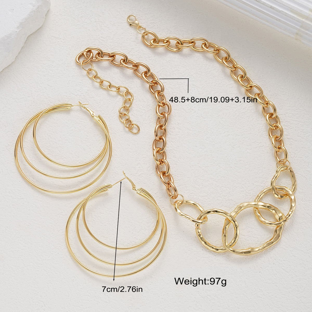 3pc Chunky Gold Hoop Necklace & Earring Set