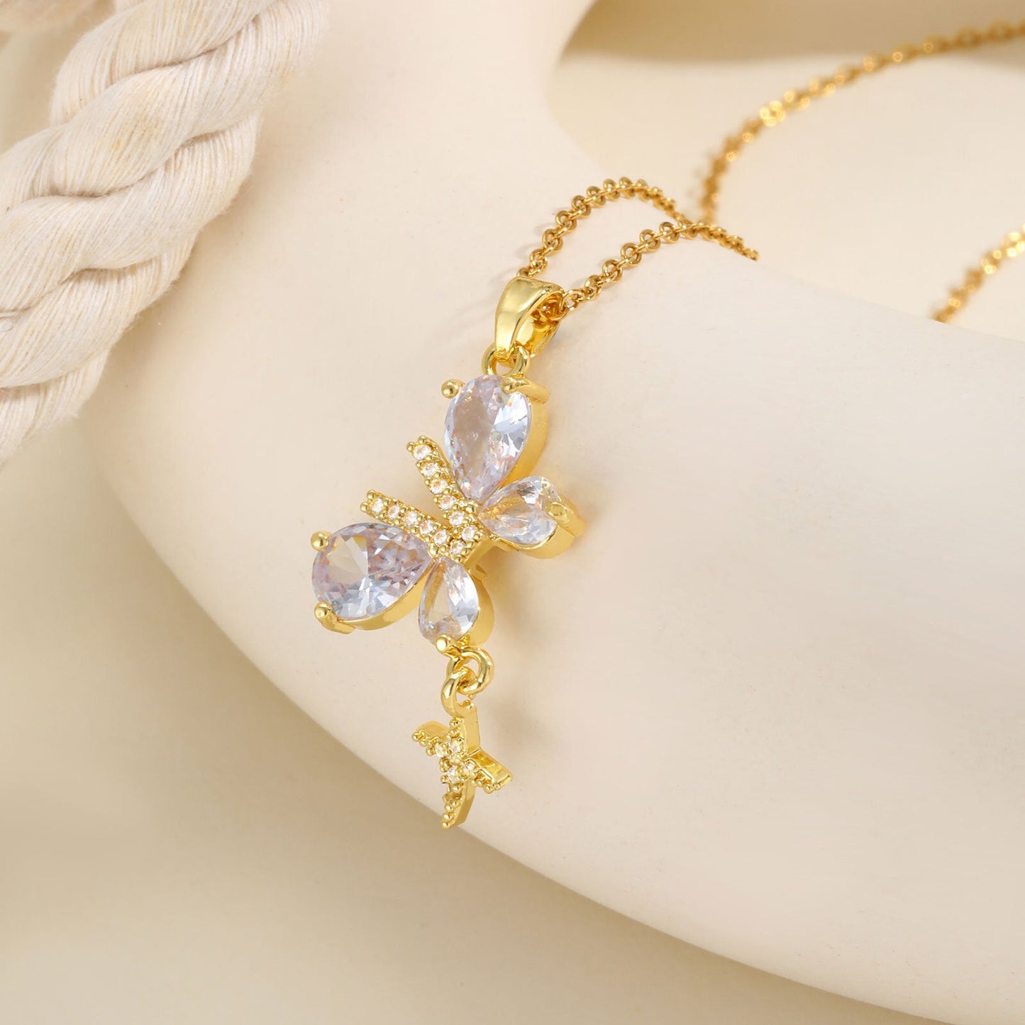 Gold Butterfly Flower Pendant Necklace
