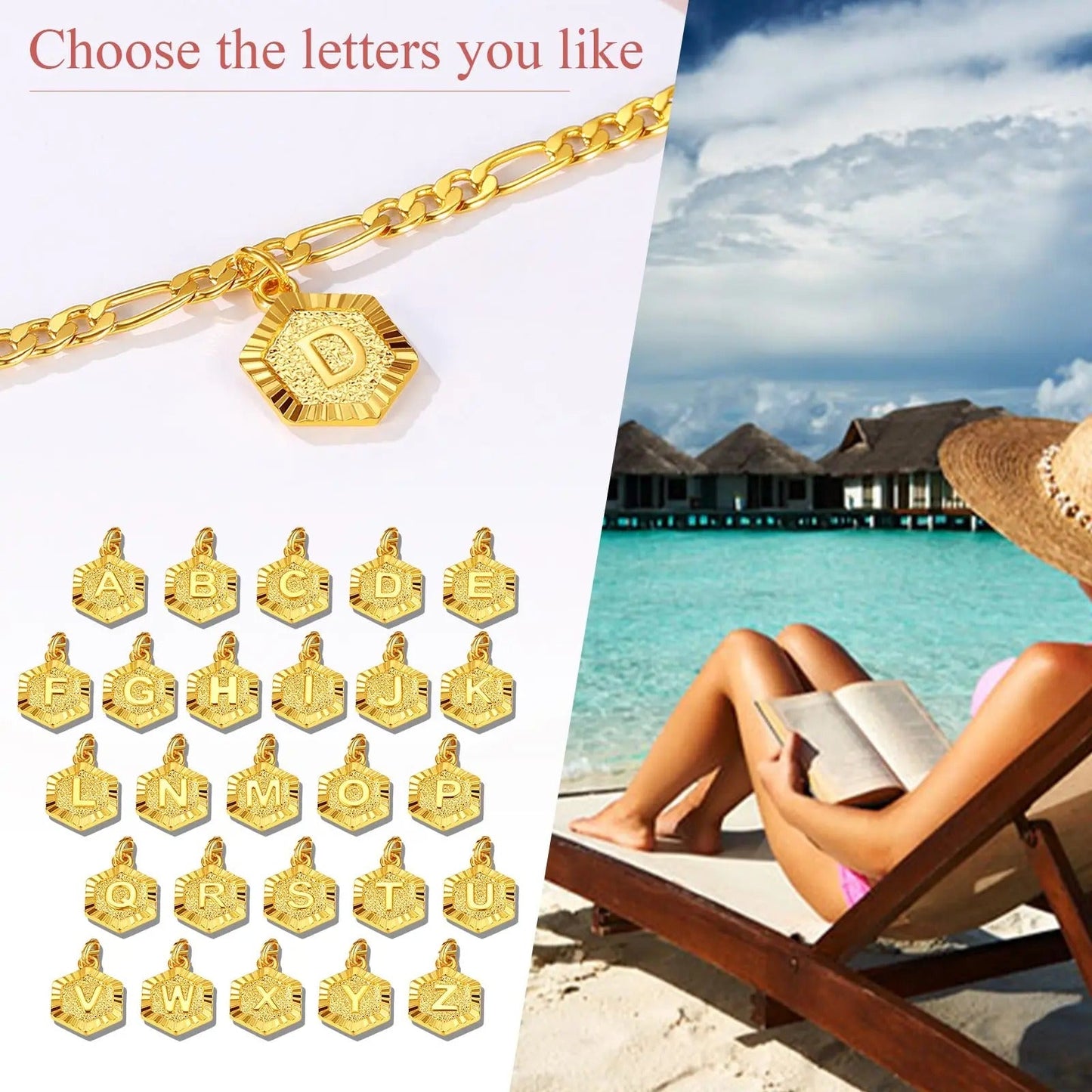 Hexagon Initial Letter Figaro Chain Anklet