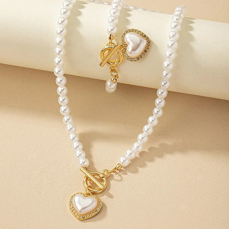 Heart Shaped Pearl Necklace & Bracelet Set
