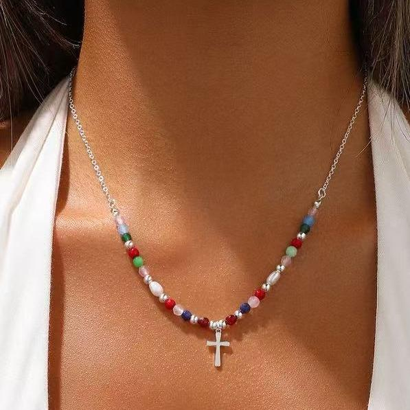 Colorful Beaded Cross Necklace
