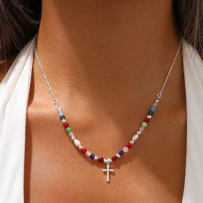 Colorful Beaded Cross Necklace
