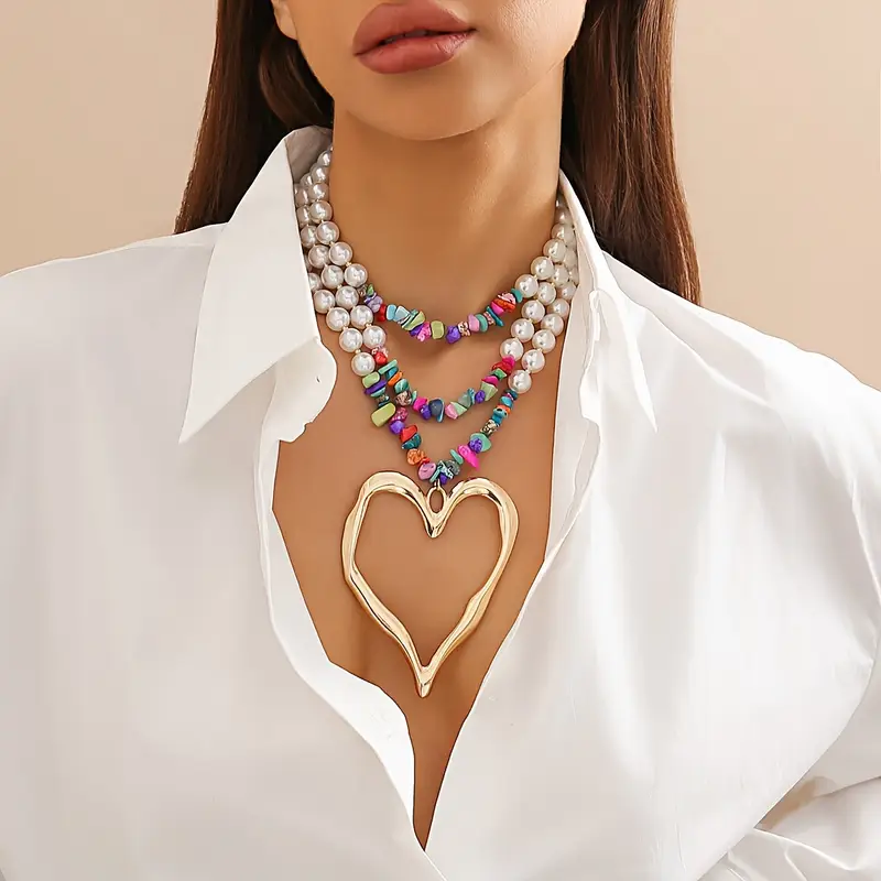 3pc Colorful Pearl Heart Shaped Layered Necklace