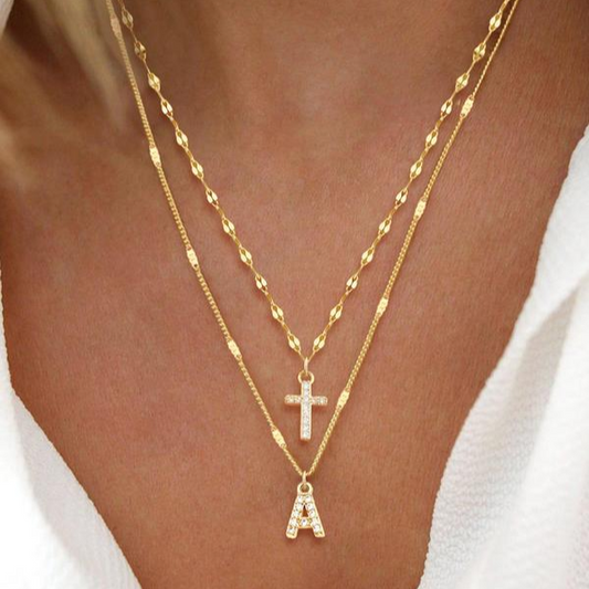 2pc Initial Cross Pendant Necklace Set