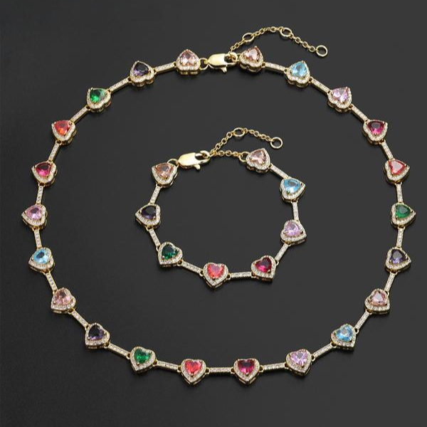 2pc Heart Shaped Colorful Necklace & Bracelet Set