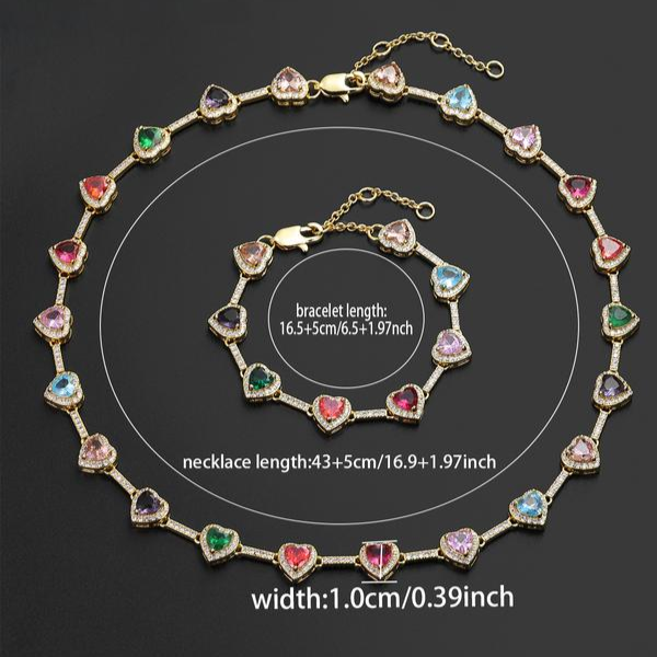 2pc Heart Shaped Colorful Necklace & Bracelet Set