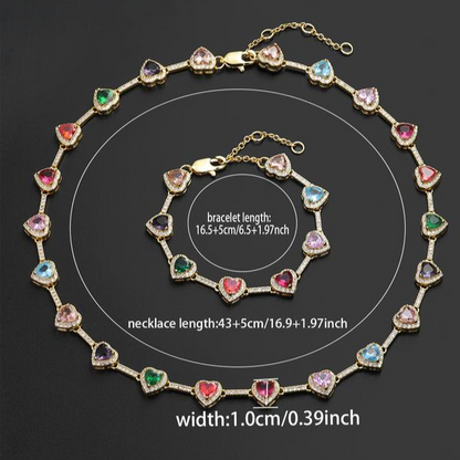 2pc Heart Shaped Colorful Necklace & Bracelet Set