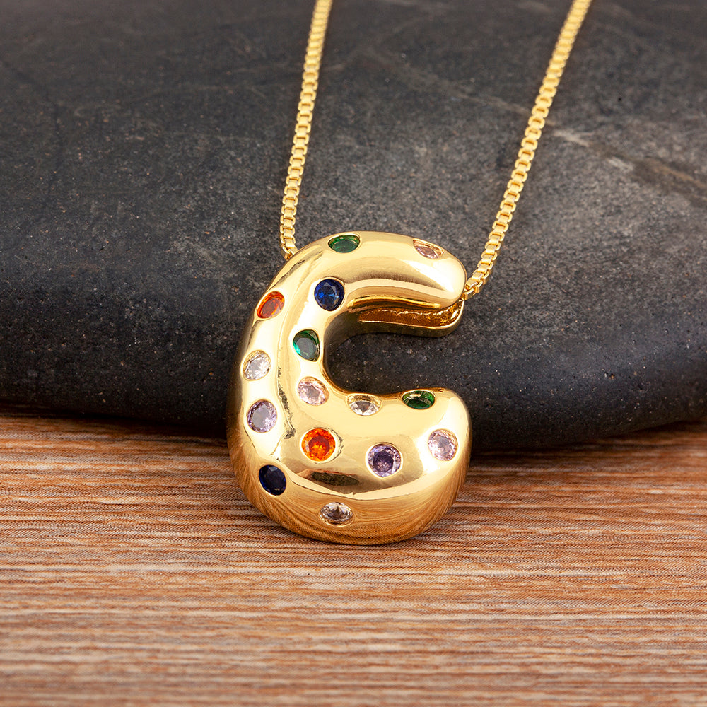 Colorful Gem Bubble Initial Pendant Necklace