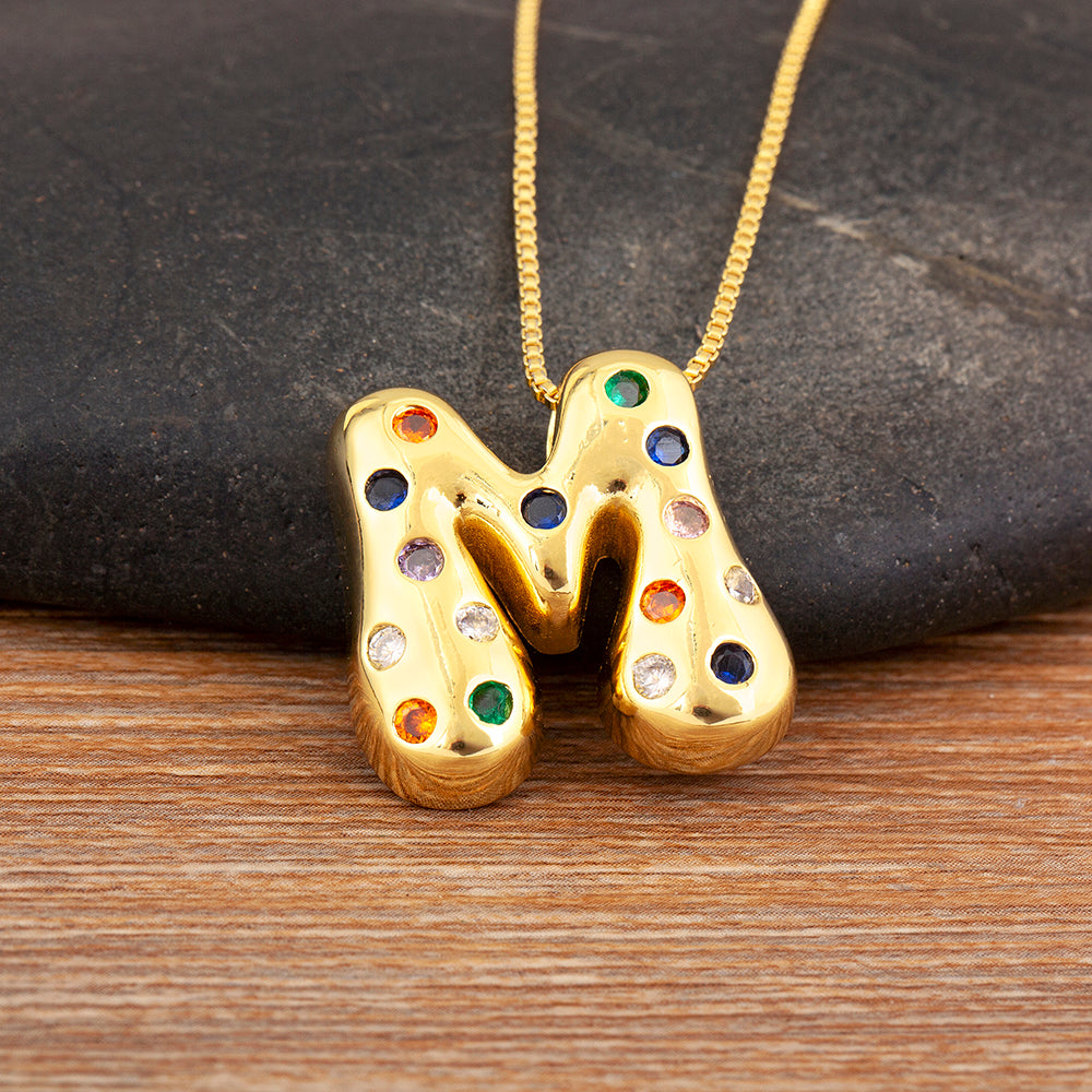 Colorful Gem Bubble Initial Pendant Necklace