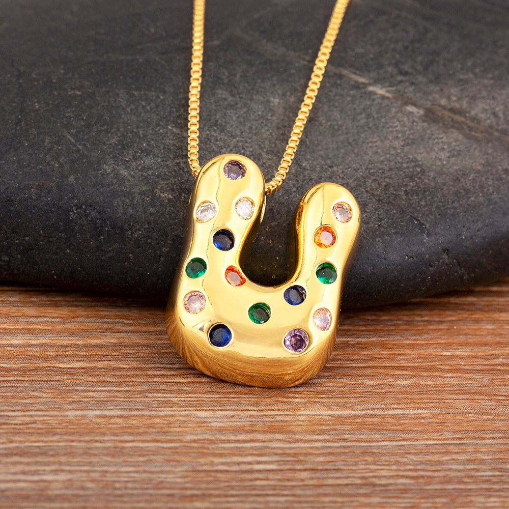 Colorful Gem Bubble Initial Pendant Necklace