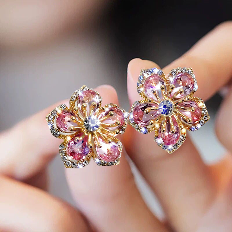 Pink Crystal Flower Stud Earrings